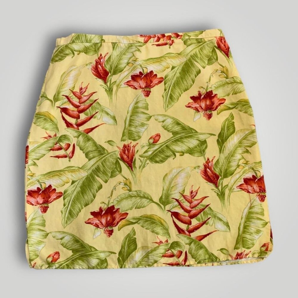 Size 14 Tropical Skirt Beaded Linen Rayon Hawaiian Floral Fronds DT Collections